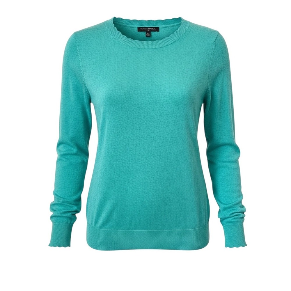 Banana Republic Scallop Trim Crewneck Sweater Cotton Blend Teal Green Preppyโ XS